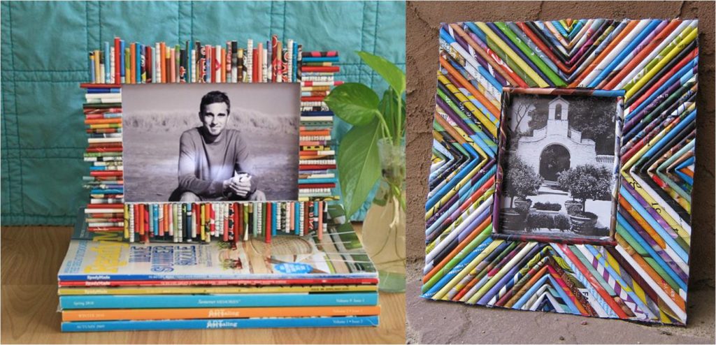 Handmade paper photo frame out of magazines